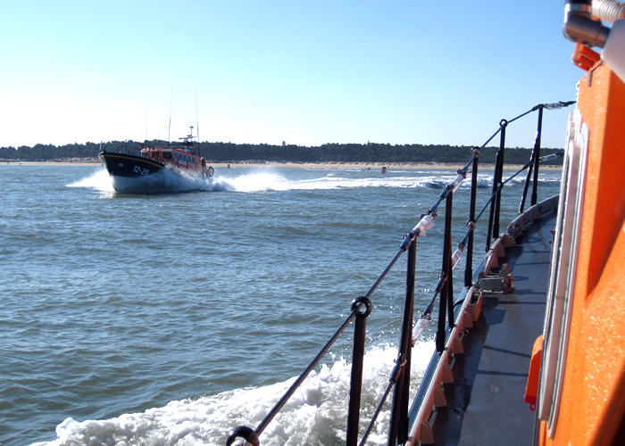 Swapping boats over in Wells after the last refit; relief boat 12-25 (l) and Wells lifeboat (r)