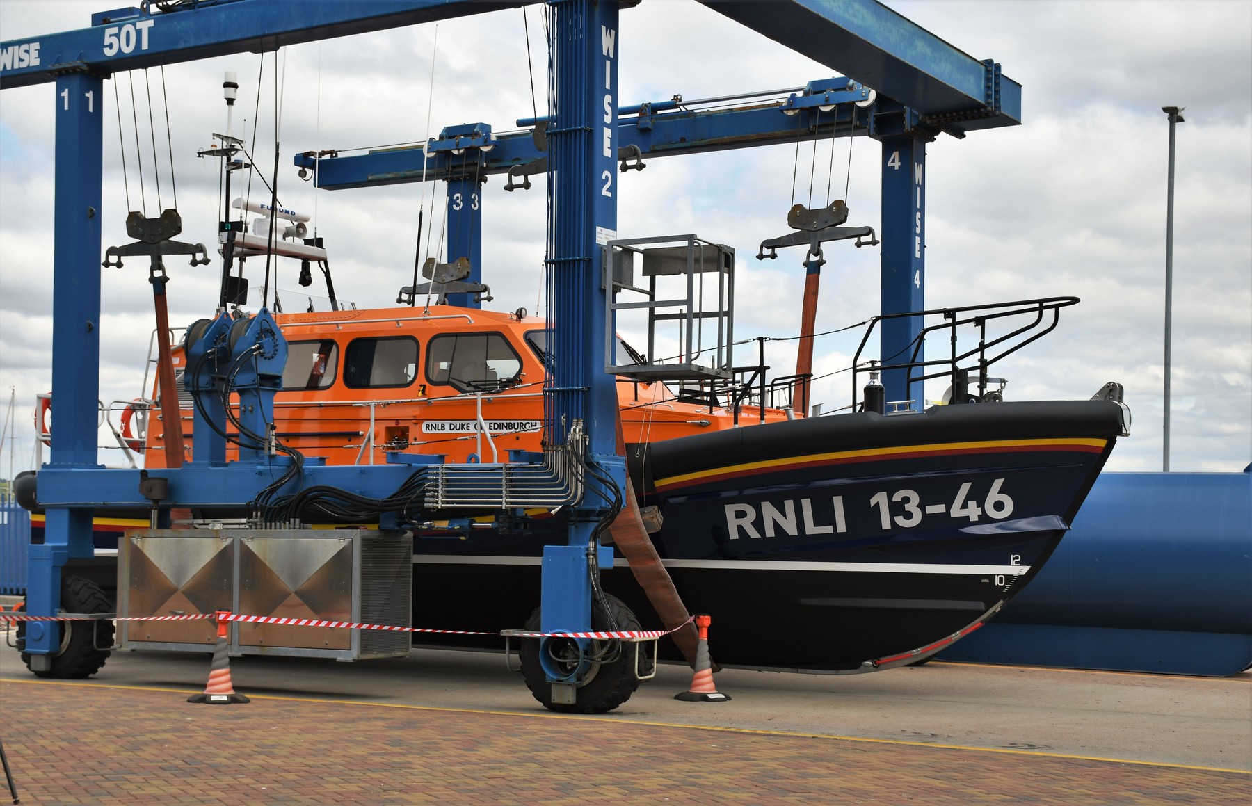 RNLB 13-46 'Duke of Edinburgh' waits to be lifted into the water at Poole