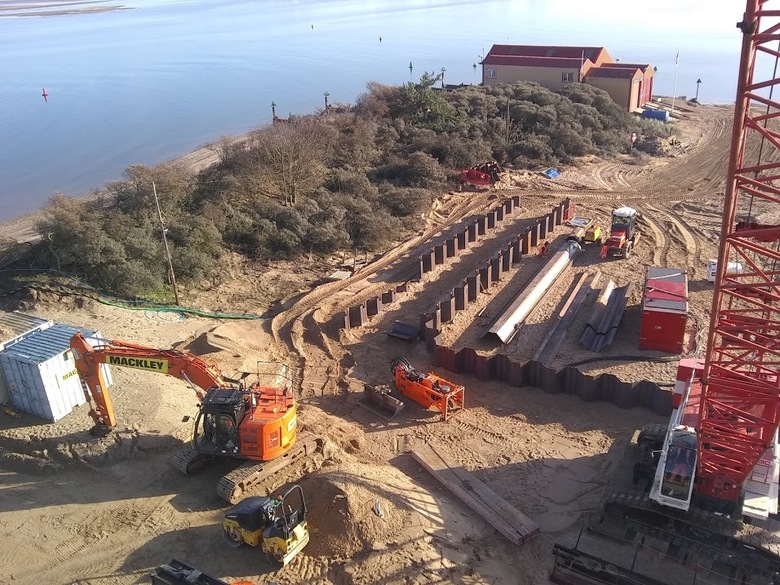 View from crane of site east towards existing boathouse