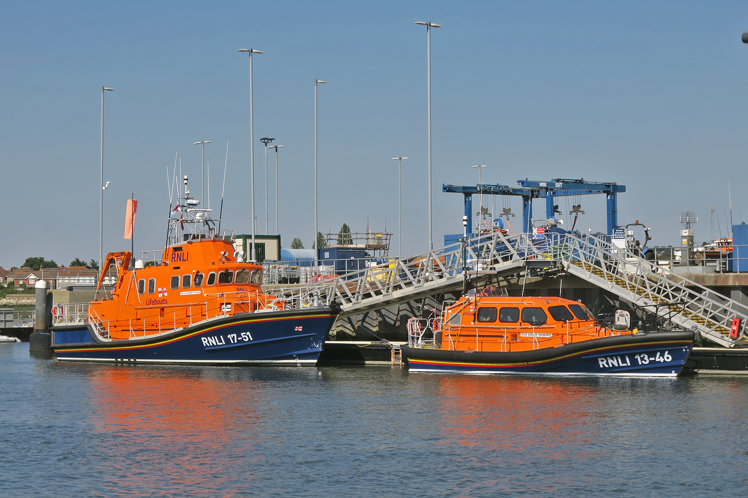 Wells' new Shannon with the first of the new SLEP rebuilt Severn class lifeboats at the All-weather Lifeboat Centre in Poole