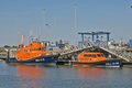 Wells' new Shannon with the first of the new SLEP rebuilt Severn class lifeboats at the All-weather Lifeboat Centre in Poole