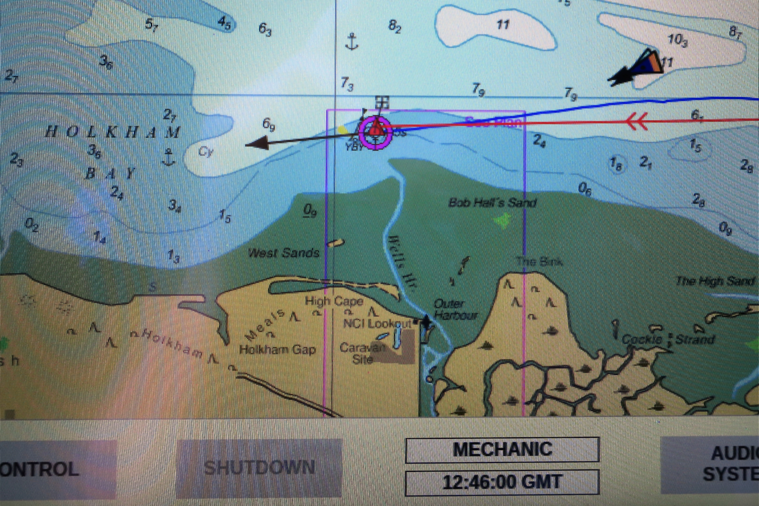 13-46 (pink circle) arrives at the Wells cardinal buoy at precisely 13:46 local time (picture from SIMS chart display on-board)