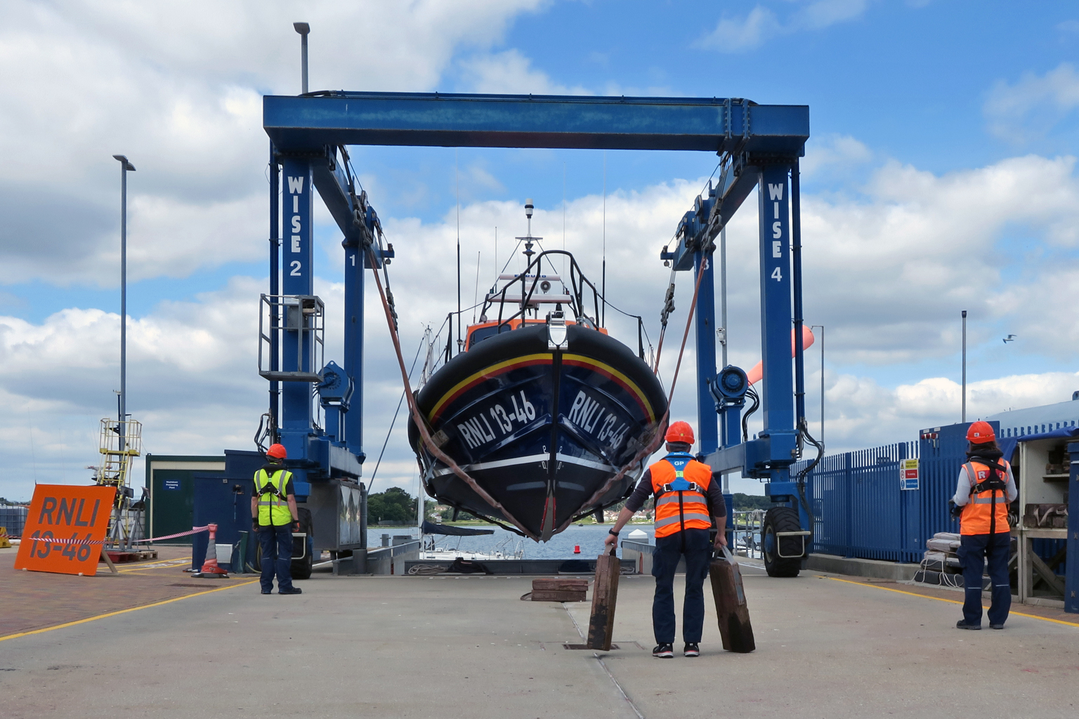 RNLB 13-46 'Duke of Edinbugh' is moved into position to be lowered into the water for the first time