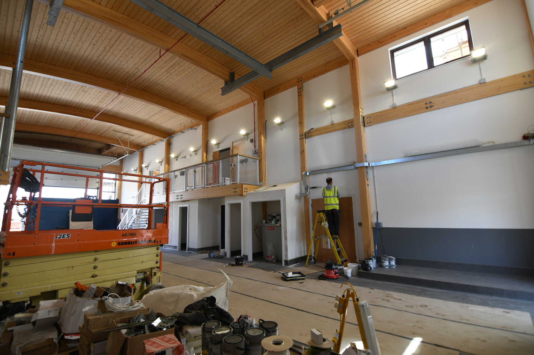 Boat hall looking towards crew boarding platform, workshop and changing area