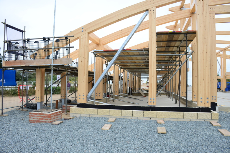 Scaffolding erected on west side of building