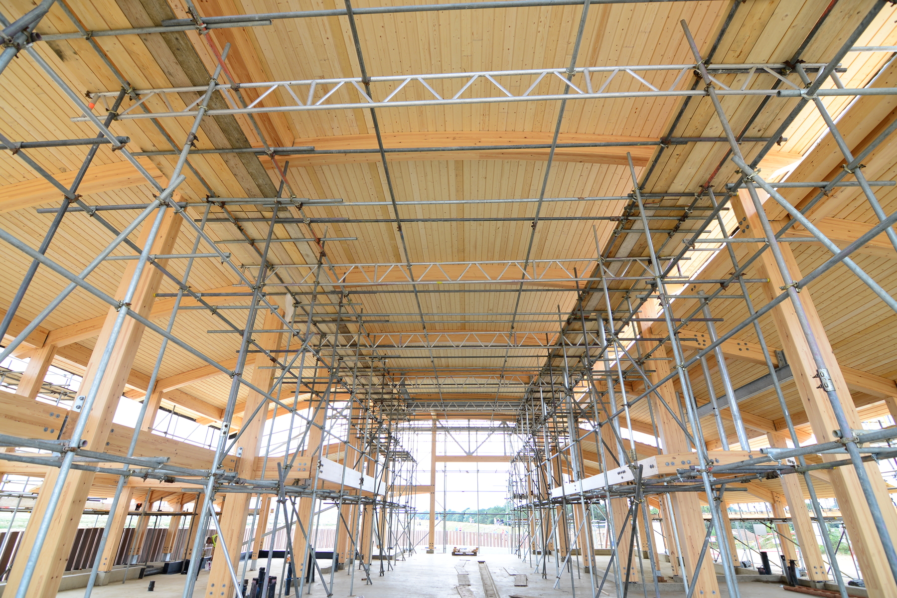 Boat hall with planked roof emerging from the scaffolding