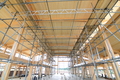 Boat hall with planked roof emerging from the scaffolding