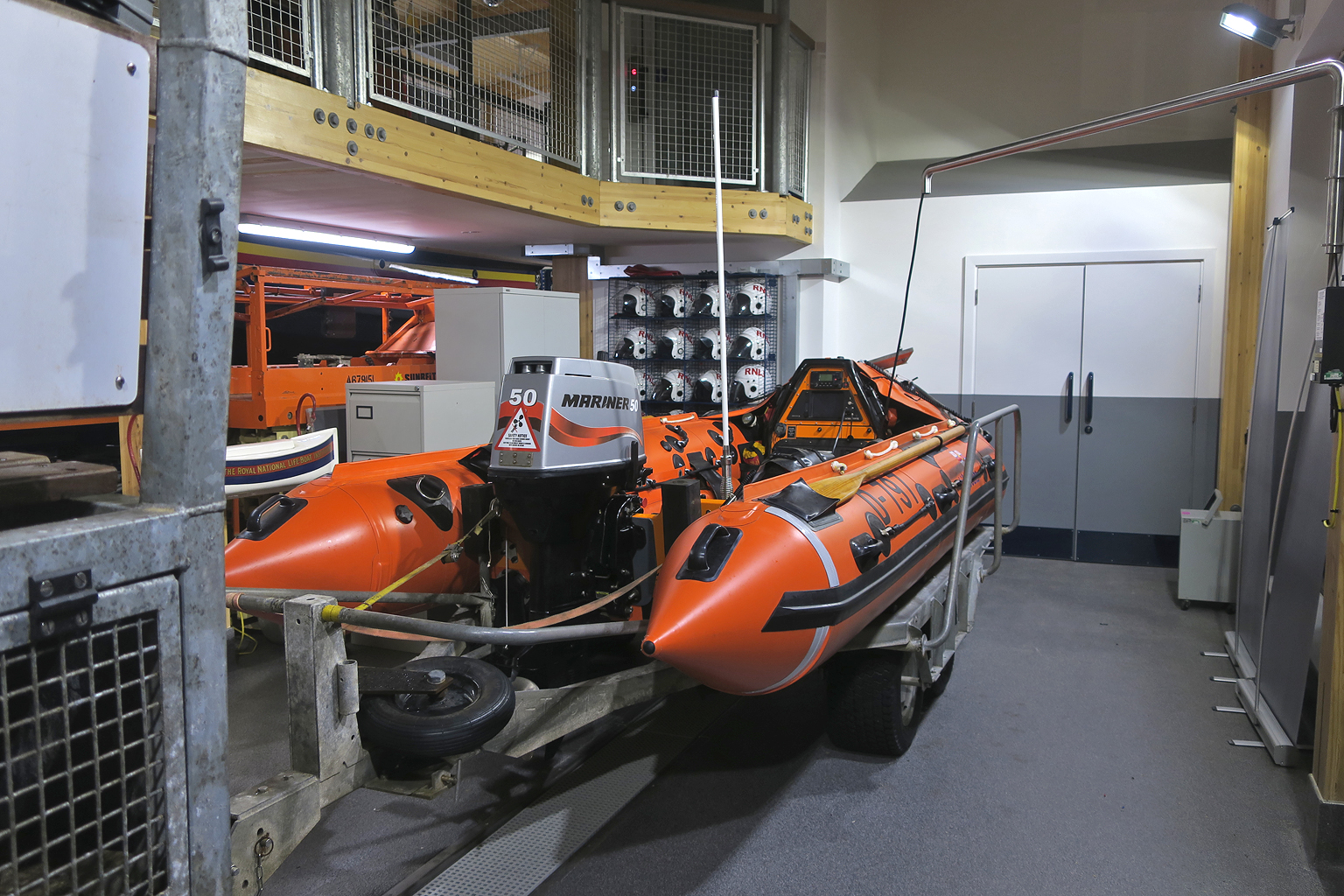 The inshore lifeboat D-797 'Peter Wilcox' in her new home coupled to the Softrak launching vehicle