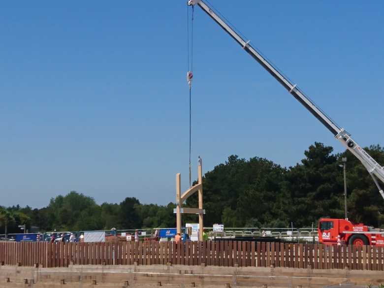 First part of the frame for the new boathouse being lifted into place