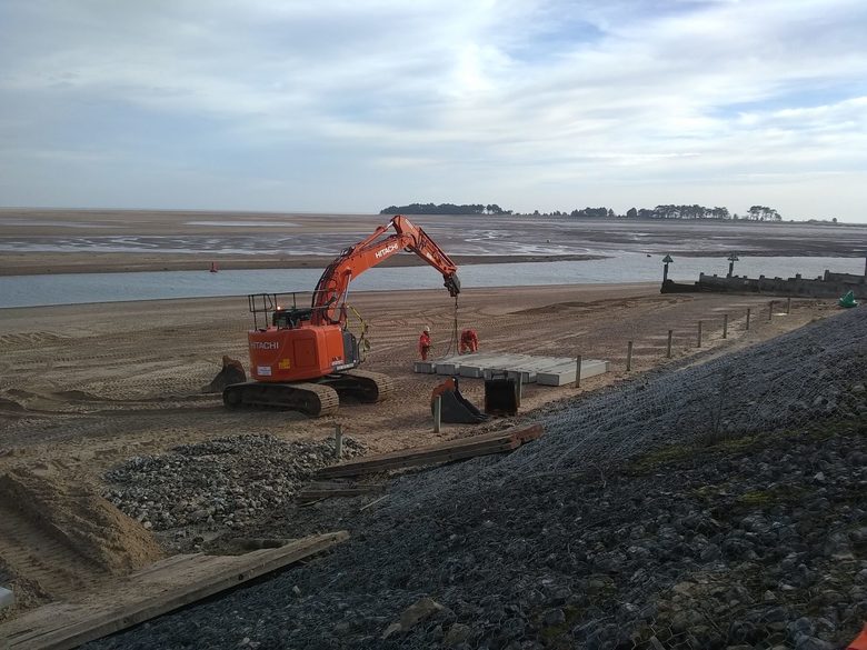 Precast concrete planks (made in Norfolk!) being moved to the beach ready for installation on the ALB ramp steelwork