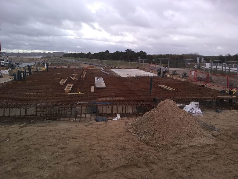 Reinforcing steel work in place on the building slab