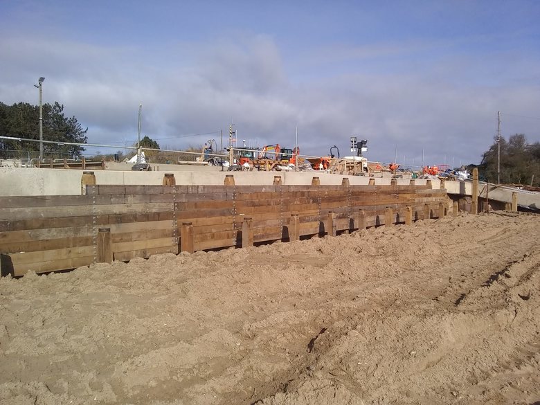 The upper terrace of planking nearing completion