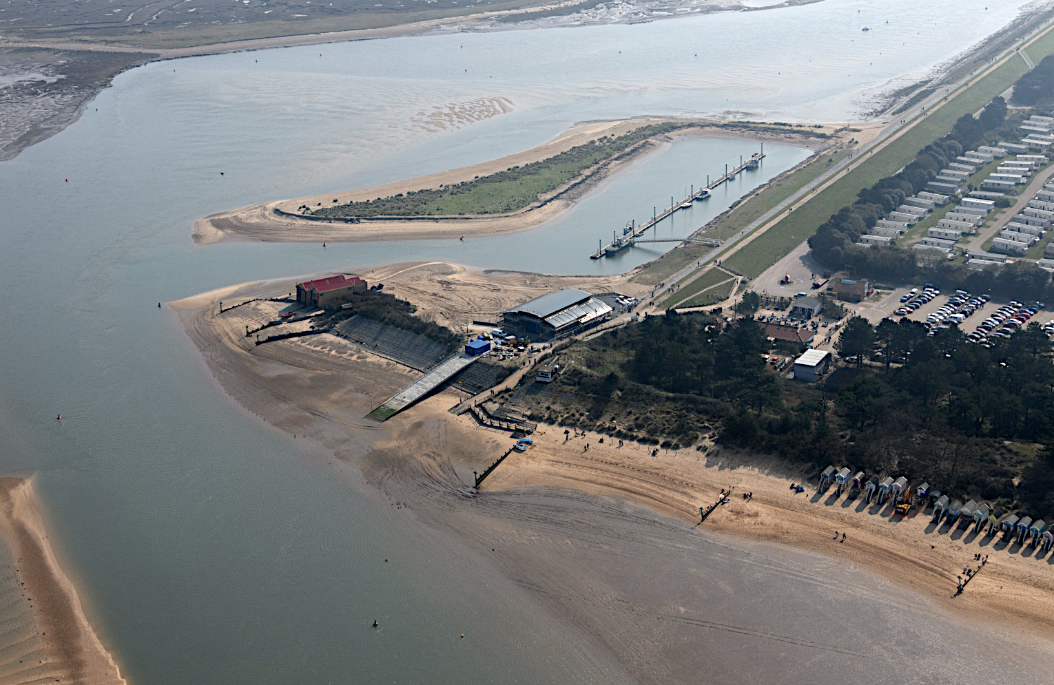 Aerial view of old and new boathouses and outer harbour