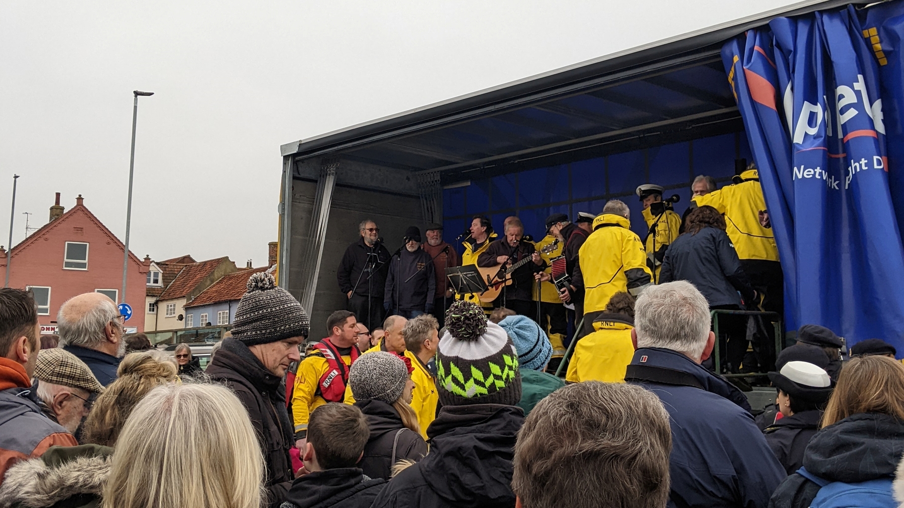 Lifeboat crew join the Blakeney Old Wild Rovers on stage
