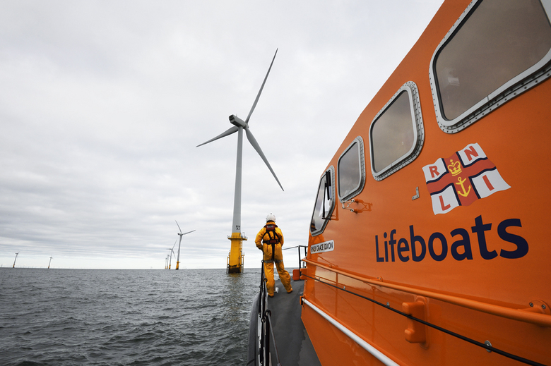Barrow lifeboat 'Grace Dixon' on exercise to a windfarm