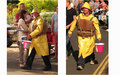 Crew members Fred Whitaker and Mark Frary collecting in vintage kit in the carnival parade