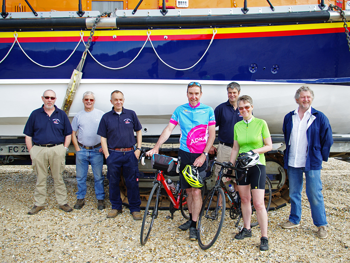 Jon & Claire Davies meet crew members at Wells after cycling from London to Wells for the Lifeboat fund