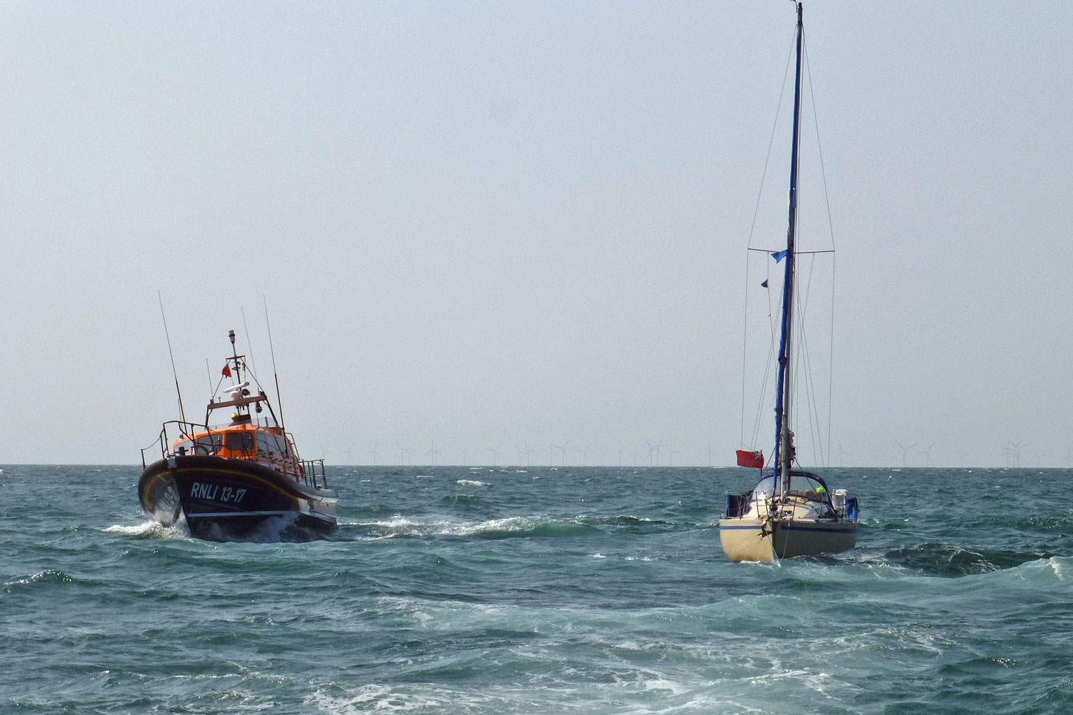 Yacht safely under tow with Skegness Lifeboat alongside prior to departing, 11/6/25