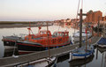 Both historic lifeboats grace Wells quayside at sunset, 2 July 2012